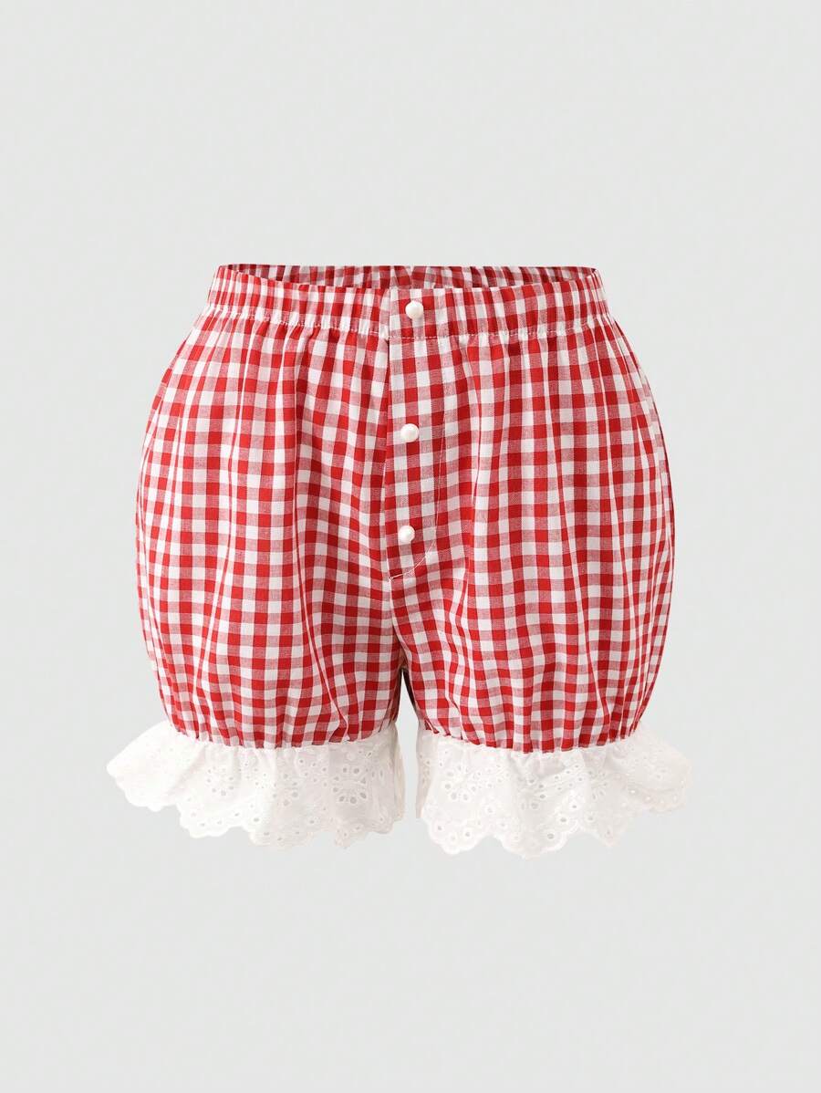 少女复古红白格子蕾丝花边荷叶边休闲短裤，夏季 - 紅色 - 查看 1