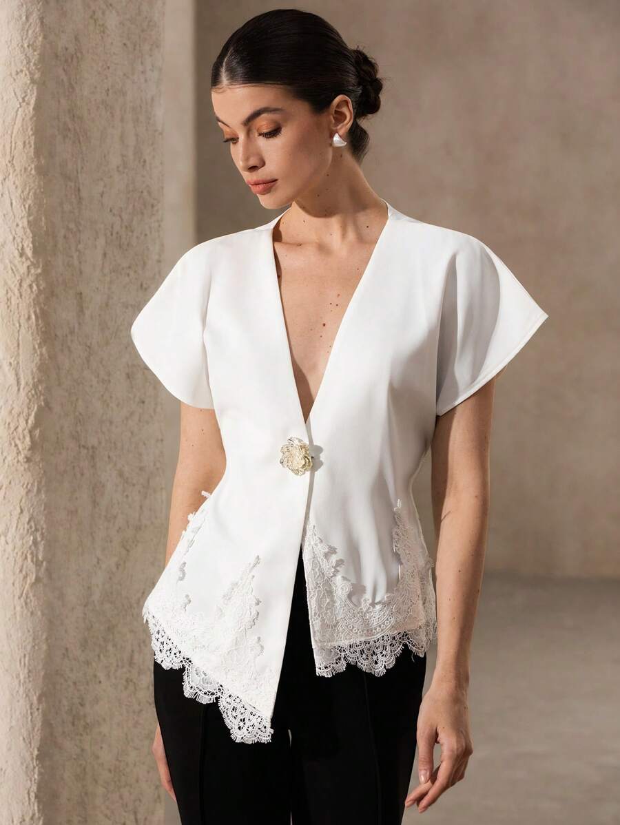 GENKIRA Áo cánh nữ thanh lịch cổ chữ V, viền bất đối xứng, tay áo Raglan, ren nối, kiểu dáng tối giản, trang phục công sở hoặc cưới, sang trọng và đa năng - trắng - Xem 1