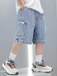 SHEIN Young Boy Summer Retro Casual Patch Loose Fit Baggy Blue Denim Shorts With Side Pocket For Kids Clothes Boys Costume Dailywear And Kids Four Seasons Clothes