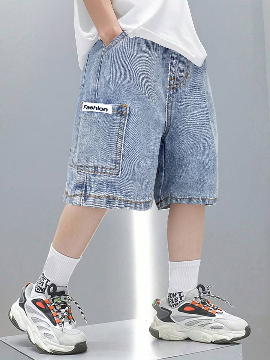 SHEIN Young Boy Summer Retro Casual Patch Loose Fit Baggy Blue Denim Shorts With Side Pocket For Kids Clothes Boys Costume Dailywear And Kids Four Seasons Clothes