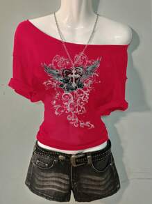 Muchica 休闲简约心形翅膀印花宽肩女式T恤，适合夏季 - 紅色 - 查看 4