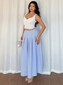 Chiquease 女式休闲条纹印花褶皱喇叭裙，春夏 - 藍色 - 查看 4