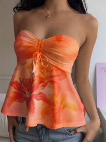 Attitoon Orange Tropical Floral Print Casual Vacation Style, Sexy, Cute Y2K Coconut Girl Boho Vacation Beach Outfits For Women, Springbreak, Brunch-Ready Babyblue, Girls Trip Butter Yellow Neon Beach Vibes, Bohemian Hippie Music Festival Summer Top For Women