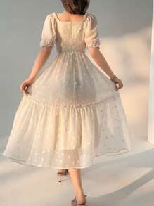 DAZY Vestido midi con cordón, cuello cuadrado y manga farol con parches y estampado floral 3D para mujeres, vestidos casuales para mujeres