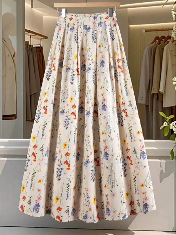 Franclia Elegant Casual Romantic Sweet Holiday Date Daily Versatile Ditsy Floral Elastic Waist Pleated Big Hem Airy Soft Apricot Color Women's Spring/Summer Skirt