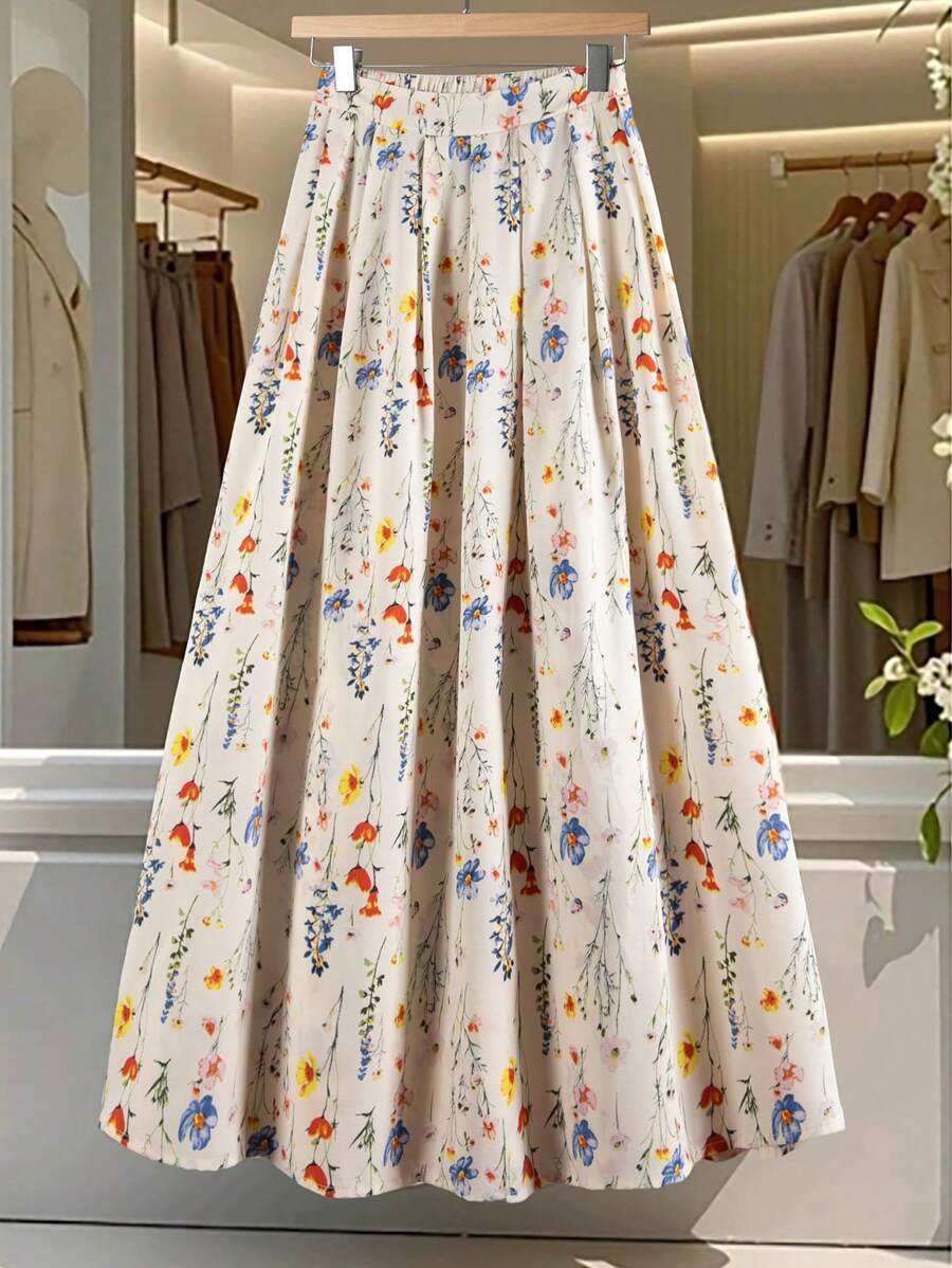 Franclia Elegant Casual Romantic Sweet Holiday Date Daily Versatile Ditsy Floral Elastic Waist Pleated Big Hem Airy Soft Apricot Color Women's Spring/Summer Skirt Fall Cloth For Women