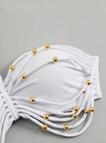 Swim Chiccia Women 2Pcs Beach Metal Bead Detail Hollow-Out Halter White Bikini Set For Summer Beach Vacation - White - View 6