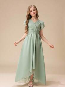 Tween Girls V-Neck Solid Color Ruched Cap Sleeve A-Line Dress, Elegant For Party, Wedding, Flower Girl/Bridesmaid, Holiday - Green - View 1