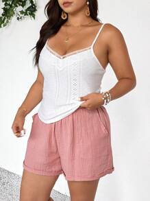 SHEIN Frenchy Conjunto de 2 piezas de talla grande con camiseta de encaje y parches y shorts de gasa con textura y bolsillo con lazo para vacaciones casuales, conjunto de ropa de verano para mujer - Rosa vieja - Ver 6
