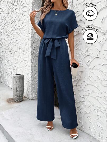 SHEIN Clasi Summer Elegant Women's Blue Cool Linen Pleated Fabric With Shoulder Sleeves And Tied Waist Short Sleeved Jumpsuit, Suitable For Various Occasions, Daily Travel, Outings, Etc