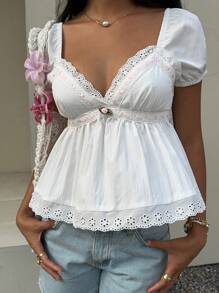 Sunnyshic Women's Vacation Lace Splice Puff Short Sleeve V-Neck Shirt, Summer - White - View 6