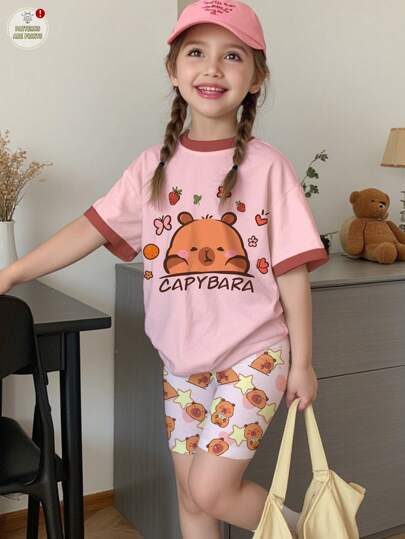SHEIN Leap Crew Young Girls Casual Cute Cartoon Capybara Print Short Sleeve Top And Shorts 2 Pieces Set, Suitable For Summer