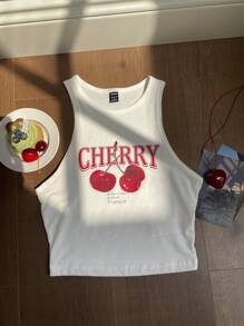 SHEIN EZwear 樱桃图案修身圆领背心，夏季 - 白色 - 查看 1