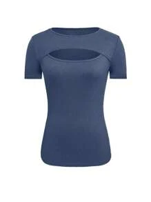INAWLY Áo thun nữ tay ngắn cổ tròn khoét rỗng màu trơn, mùa hè - Đỏ và đen - Xem 4