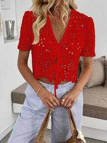 Pariaura Áo cánh tay ngắn thêu ren khoét sâu cho nữ, thanh lịch - Đỏ - Xem 5