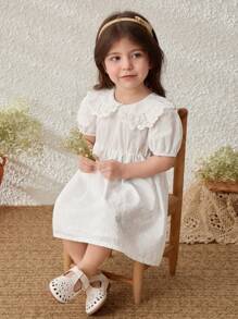 Blossori 女宝宝乡村风格白色棉质刺绣泡泡袖连衣裙 - 白色 - 查看 7