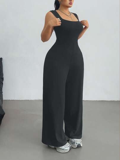 Flirla 大码春夏女装纯色优雅宽松休闲无袖运动学院风简约休闲方领阔腿黑色连体裤