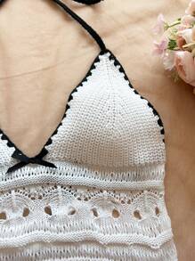 Soleia Conjunto de 2 piezas de blusa halter sin espalda con recorte de contraste y mini falda para mujer de talla grande, atuendos de vacaciones de playa, primavera/verano, estilo bohemio romántico para festivales de música con flores y tejido a ganchillo