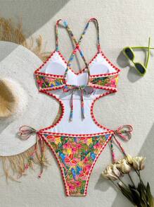 Swim Vcay Women's One-Piece Swimsuit, Floral Printed, Bohemian Style, Fringe Trim Details, Side Cut-Out Design For Summer Beach Vacation - Multicolor - View 2