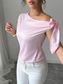 Elenzga 1 件女士不对称闪光面料优雅简约衬衫 - 粉色 - 查看 4