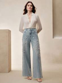 Anewsta Women Casual Distressed Crystal & Faux Pearl Straight-Leg Pants