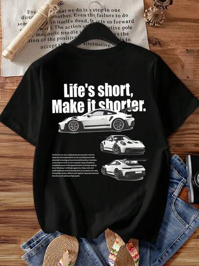 Women's Comfortable Round Neck Short Sleeve T-Shirt With Fashionable Street Racing Artistic Pattern Print