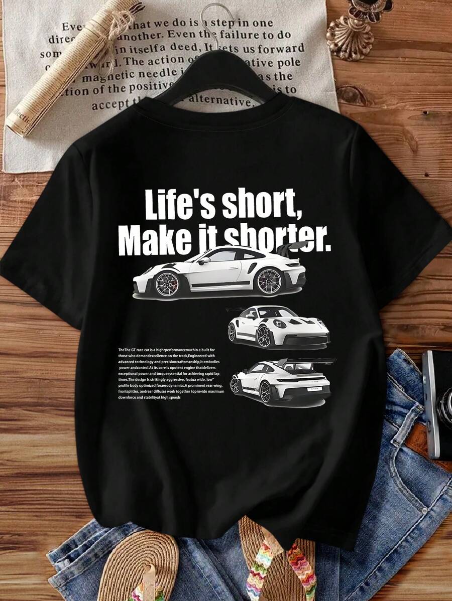 Women's Comfortable Round Neck Short Sleeve T-Shirt With Fashionable Street Racing Artistic Pattern Print - Black - View 1