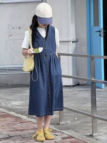 DAZY Vestido jeans sem mangas com decote em V para meninas adolescentes, verão, para a volta às aulas - Lavagem escura - Ver 7