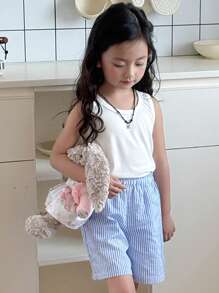 DAZY Girls Young Girl 2pcs Striped Sleeveless Top And Shorts Set, Fall Clothes