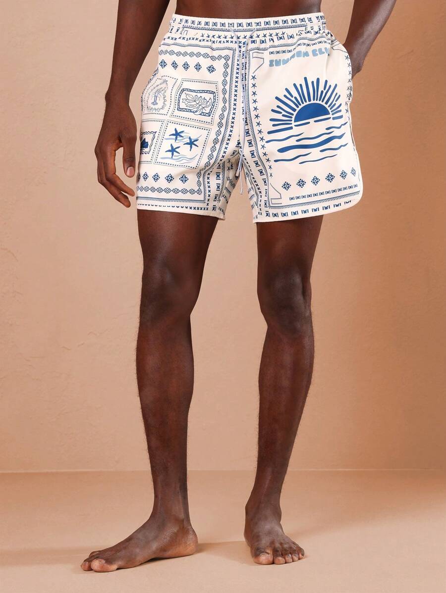 SUMWON Beach Board Summer Swimming Trunks Ocean Wave Print Vacation Holiday Resort Pool Surf Athletic Water Sports Casual Comfort Drawstring Patterned