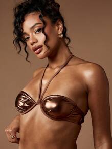 MISSGUIDED Top de bikini con cuello de halter y bandeaux con brillo metálico para playa, piscina, vacaciones, verano, natación, tomar el sol, actividades deportivas