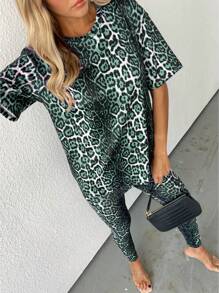SHEIN LUNE Women's Leopard Print Round Neck Short Sleeve Top And Pants 2 Pieces Set - Blue - View 3