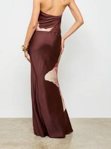 AiiRZ Long Evening Occasion Maxi Skirt Floral Print Satin Bridesmaid Wedding Holiday Party Formal Wear - Brown - View 2