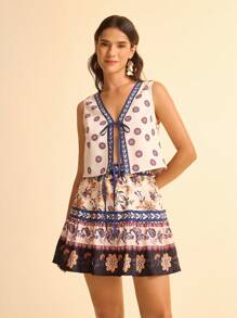 CAJUNI Váy ngắn đi biển mùa hè họa tiết hoa nhiệt đới Boho cho nữ cạp chun viền nhún - Nhiều màu - Xem 7