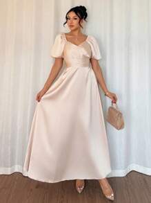 SHEIN Clasi Summer Elegant Graceful Lady Lantern Sleeve Satin Dress - Apricot - View 1