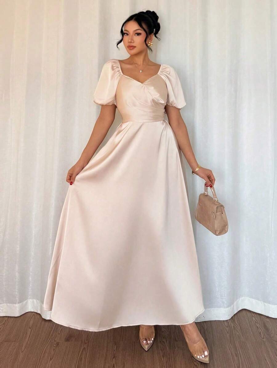 SHEIN Clasi Summer Elegant Graceful Lady Lantern Sleeve Satin Dress - Apricot - View 1