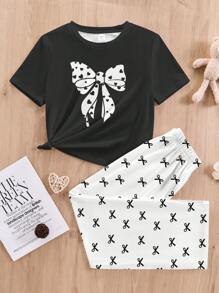 SHEIN Ensemble de vêtements de nuit en 2 pièces pour préadolescentes : t-shirt à col rond à manches courtes avec motif graphique minimaliste en nœud papillon et pantalon large à jambe droite - Multicolore - Voir 2