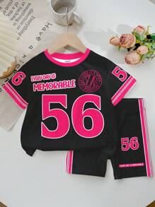 SHEIN 2pcs/Set Girls Casual Sports Style Outfit, Includes: 56 Graphic T-Shirt With "Every Day Is Memorable" Slogan Print And Contrast Color Block Sleeves, Matching Cycling Shorts, Suitable For Summer, Sports, Fitness, Shopping, And Social Activities