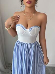 Elenzga Women's Elegant Romantic Sleeveless Patchwork A-Line Striped Dress