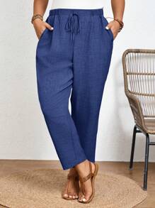 SHEIN Frenchy Plus Size Solid Color Casual Trousers With Elastic Waist And Diagonal Pockets - Royal Blue - View 4