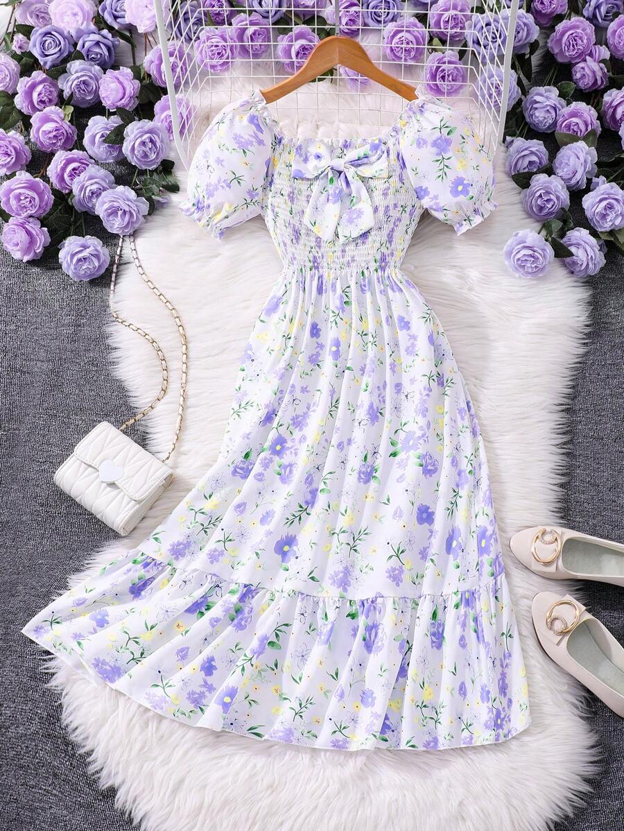 女童花卉印花蝴蝶结装饰短袖连衣裙 - 紫色 - 查看 1