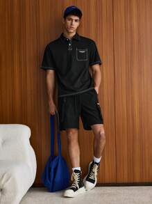 SWAVVY 宽松版型男式字母图案撞色针脚 Polo 衫 - 黑色 - 查看 6