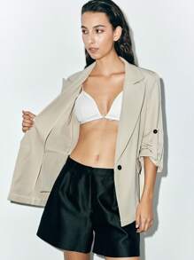 SHEIN Luminelle 女士亚麻混纺翻领前开襟西装外套 - 杏色 - 查看 7