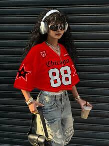 SHEIN EZwear Women Casual V Neck Loose Short 5/8 Sleeve Mesh T-Shirt, Suitable For Summer Sports, With Number 88 & Star Pattern Back To School Chic