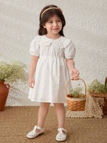 Blossori 女宝宝乡村风格白色棉质刺绣泡泡袖连衣裙 - 白色 - 查看 5