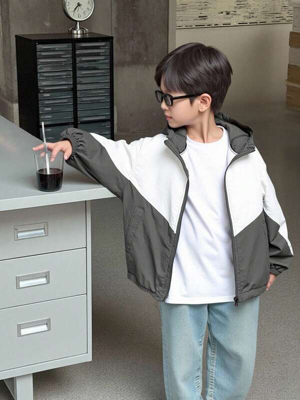 Genkimix Kids 1pc Young Boy Casual Simple College Style Lightweight Jacket, Suitable For Daily Wear, School, Outings, Spring & Summer
