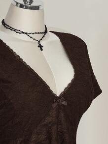 SHEIN ICON Plus Size Black V-Neck Lace Trim Babydoll Knit Top,Going Out Tops Women