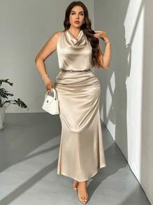 Firerie 2 件套女式缎面褶皱领口系带衬衫和褶皱长裙，适合情人节、音乐会、表演、约会、派对、婚礼、性感、优雅、通勤、返校、度假、海滩、大码、2 件套夏季服装、商务休闲女装 - 杏色 - 查看 5