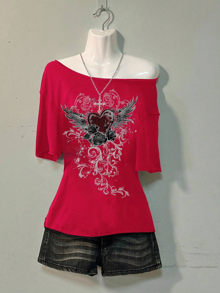 Muchica 休闲简约心形翅膀印花宽肩女式T恤，适合夏季 - 紅色 - 查看 1
