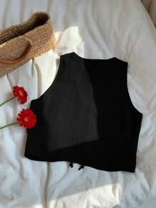 Comfortcana Áo cánh nữ không tay màu đen thêu hoa phong cách Bohemian buộc phía trước, mùa hè - màu đen - Xem 2